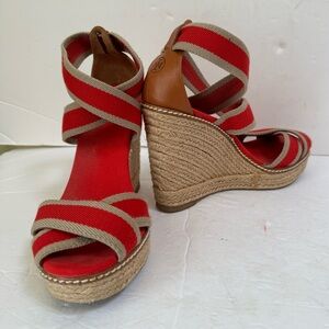 Tory Burch Adonis Espadrille Wedges Sandals Canvas Leather Coaster Stretch Red